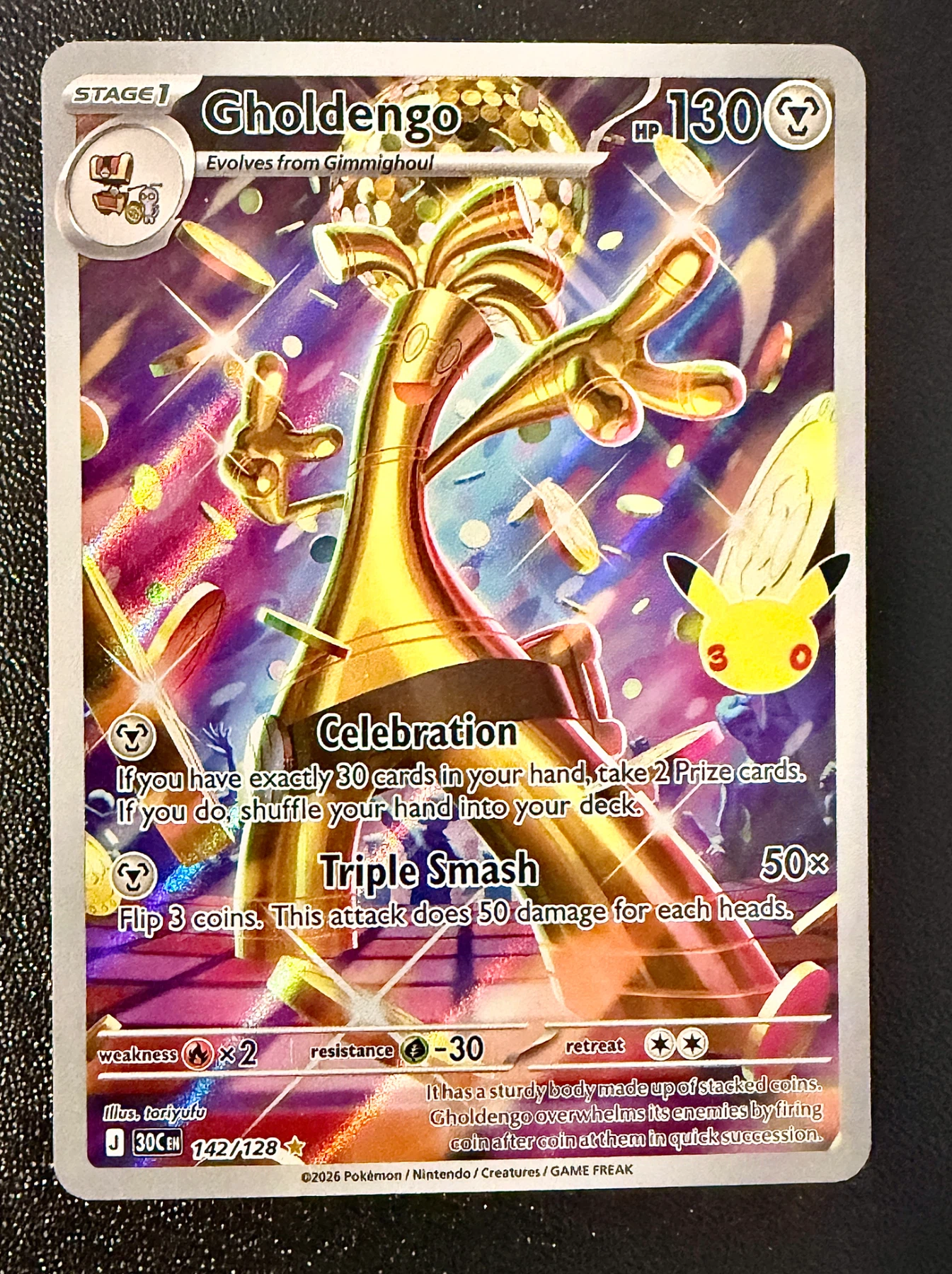 Gholdengo 142/128 30th Celebration front card photo in PokeToGrade pregrading report