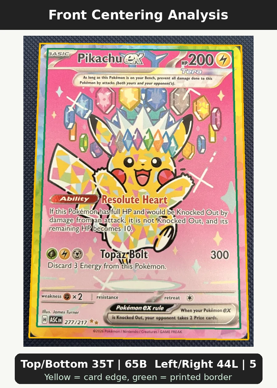 Pikachu ex 277/217 Ascended Heroes front centering analysis showing Top/Bottom 35T | 65B and Left/Right 44L | 56R.