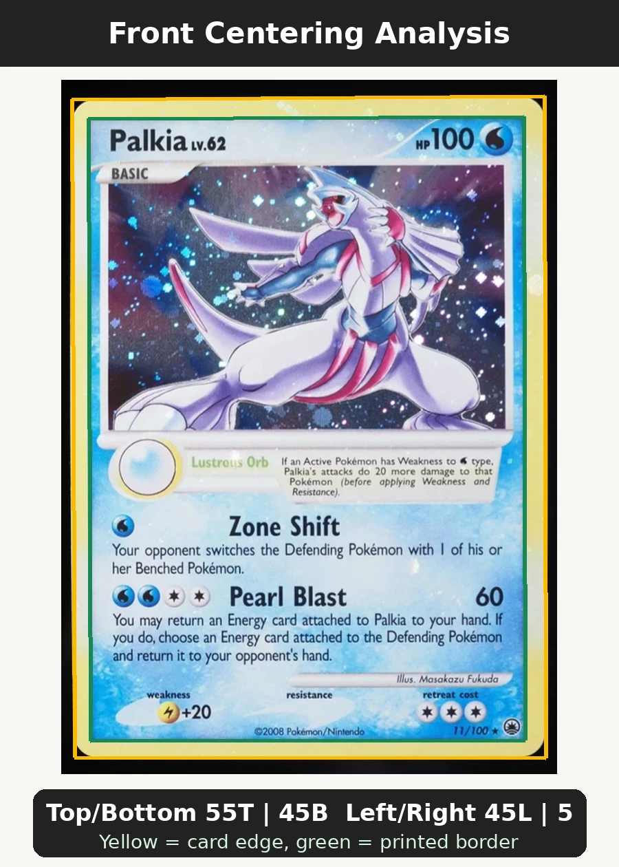 Palkia 011/100 Majestic Dawn front centering analysis showing Top/Bottom 55T | 45B and Left/Right 45L | 55R.