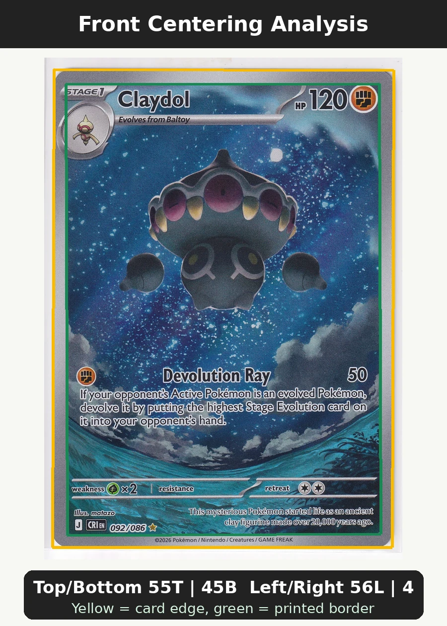 Claydol 092/86 Chaos Rising front centering analysis showing Top/Bottom 55T | 45B and Left/Right 56L | 44R.