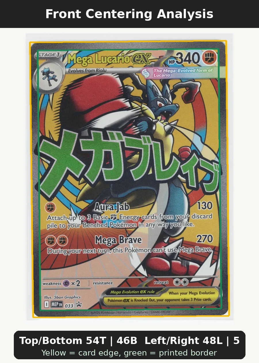 Mega Lucario ex 113/217 Ascended Heroes front centering analysis showing Top/Bottom 54T | 46B and Left/Right 48L | 52R.