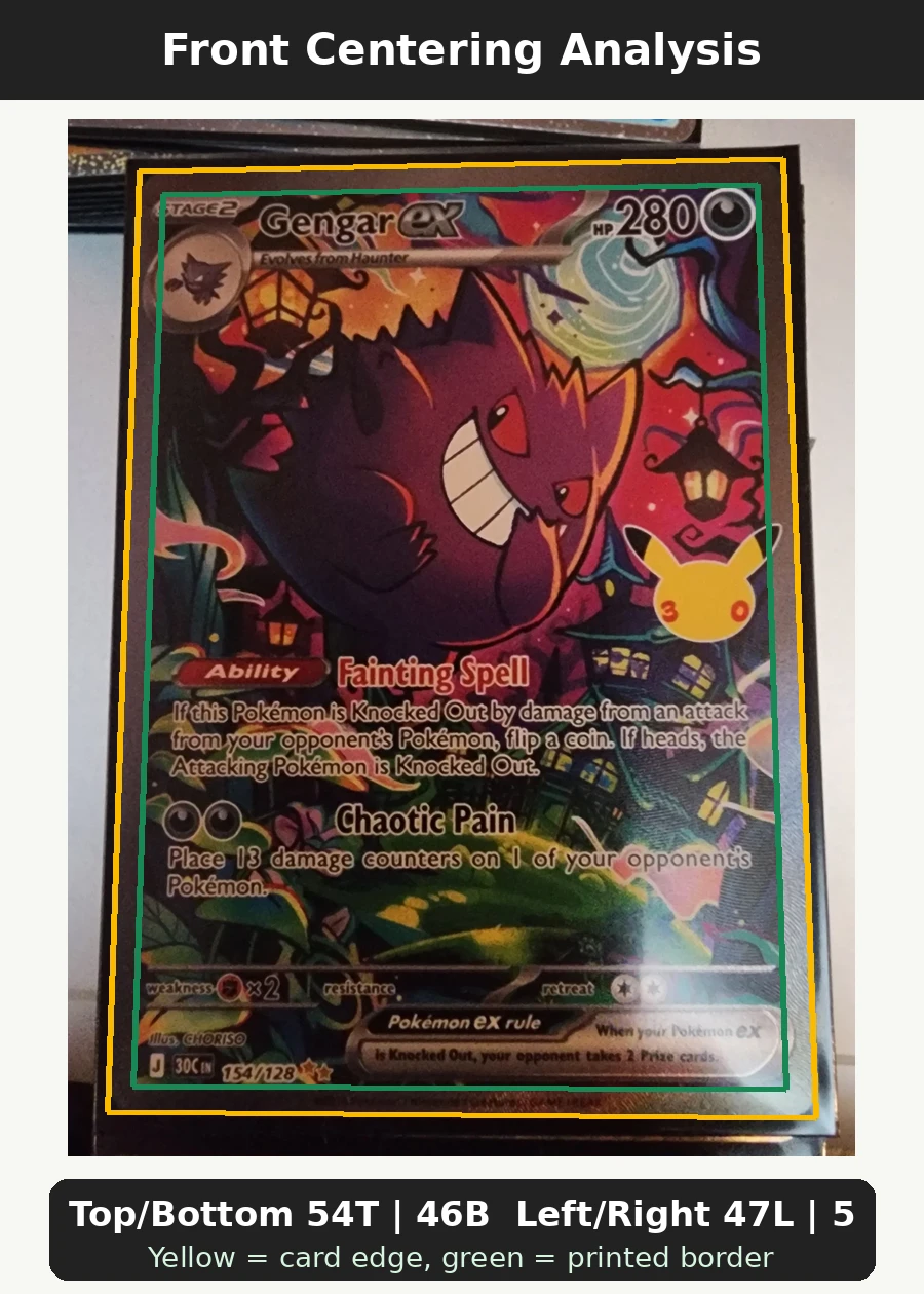 Gengar ex 154/128 30th Celebration front centering analysis showing Top/Bottom 54T | 46B and Left/Right 47L | 53R.