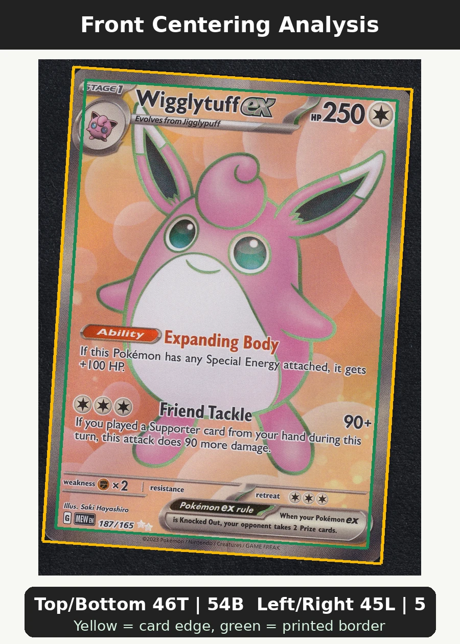 Wigglytuff ex 187/165 151 front centering analysis showing Top/Bottom 46T | 54B and Left/Right 45L | 55R.