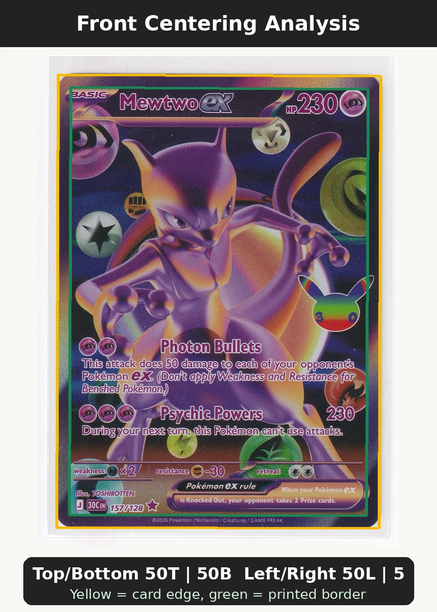 Mewtwo ex 157/128 30th Celebration front centering analysis showing Top/Bottom 50T | 50B and Left/Right 50L | 50R.