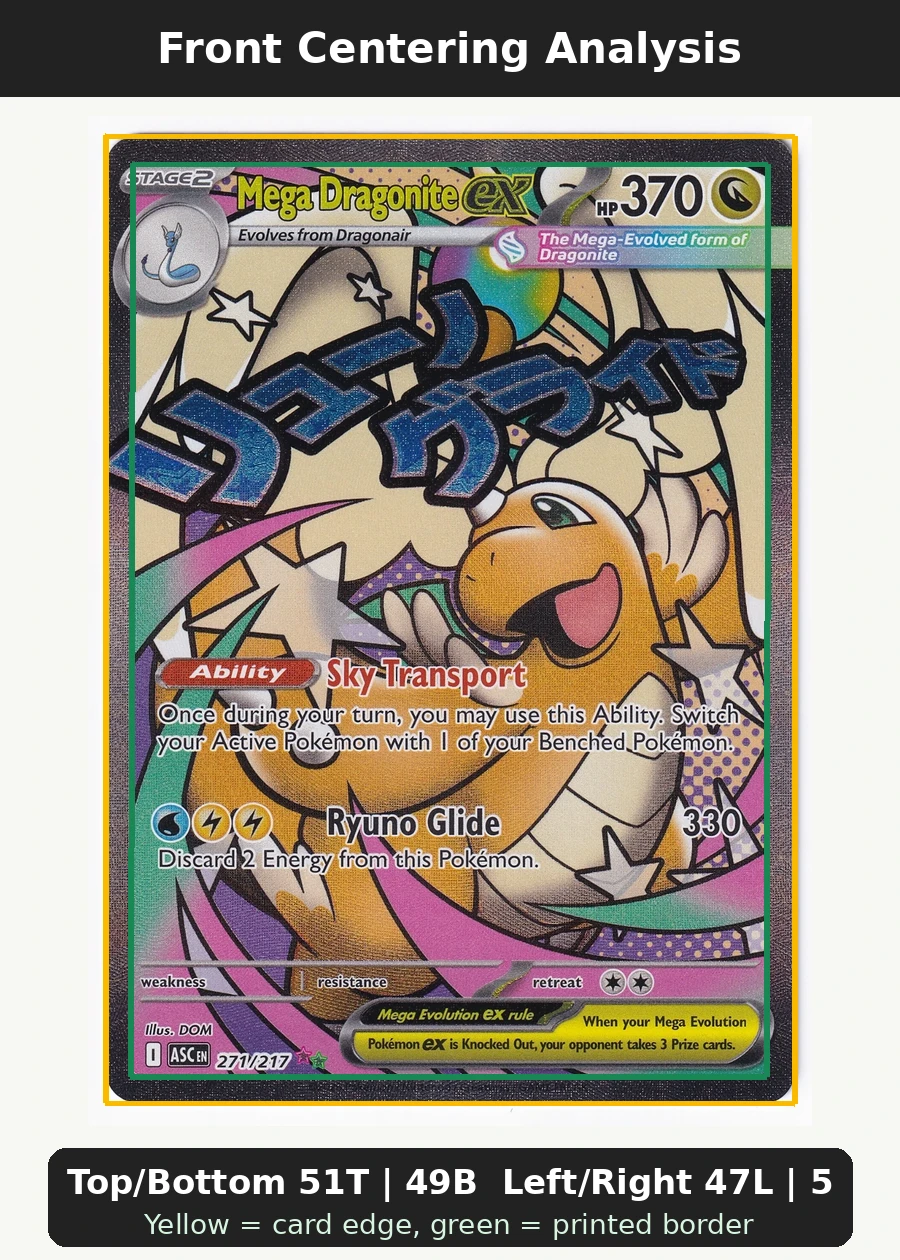Mega Dragonite ex 271/217 Ascended Heroes front centering analysis showing Top/Bottom 51T | 49B and Left/Right 47L | 53R.