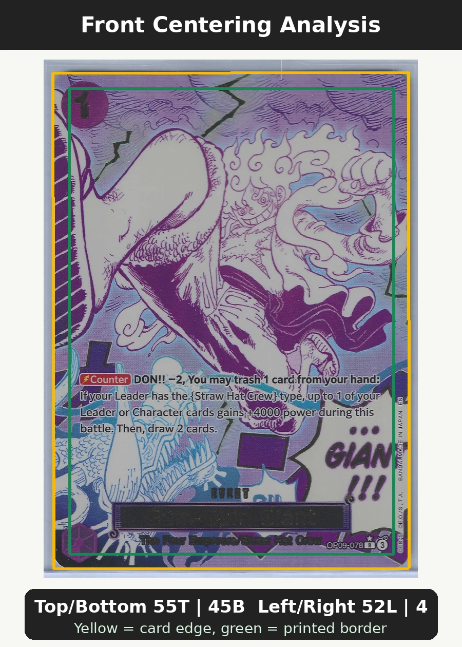 Gum-Gum Giant (OP09-078) - SP OP09-078 Emperors in the New World front centering analysis showing Top/Bottom 55T | 45B and Left/Right 52L | 48R.