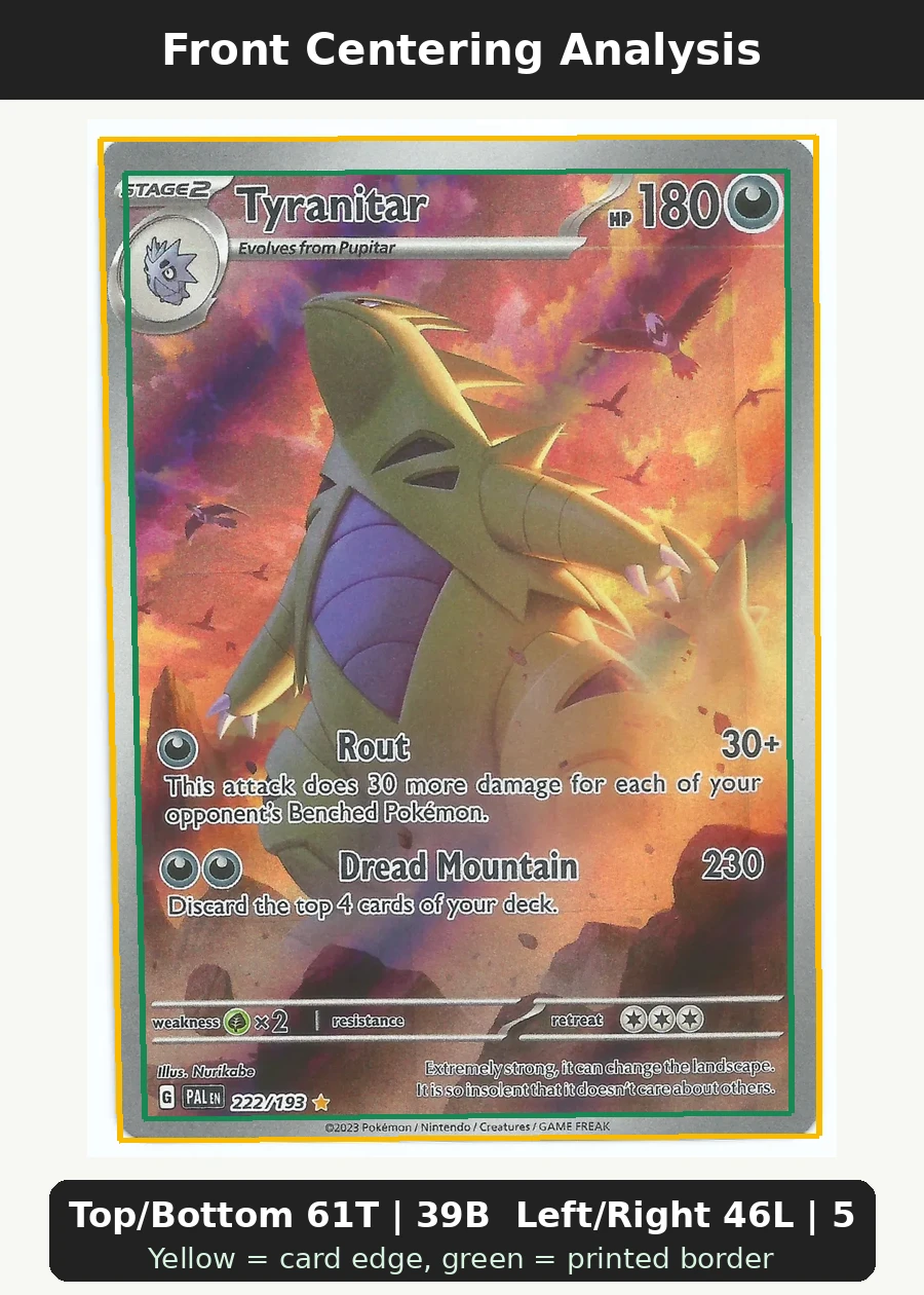 Tyranitar 222/193 Paldea Evolved front centering analysis showing Top/Bottom 61T | 39B and Left/Right 46L | 54R.