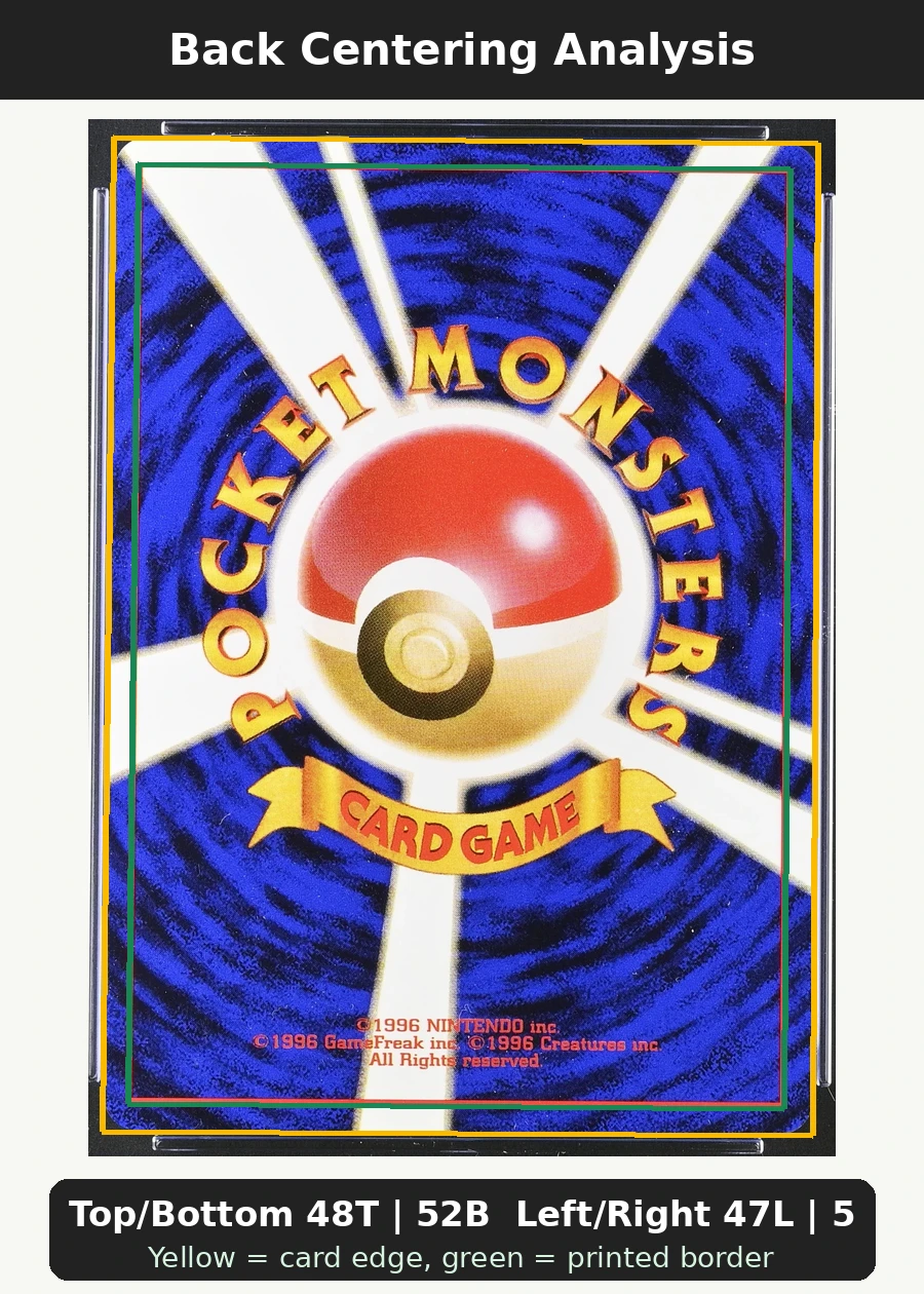 Pikachu 035/108 Base Set back centering analysis showing Top/Bottom 48T | 52B and Left/Right 47L | 53R.