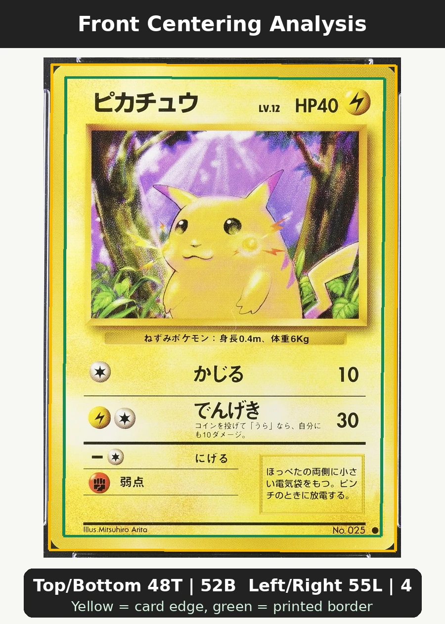 Pikachu 035/108 Base Set front centering analysis showing Top/Bottom 48T | 52B and Left/Right 55L | 45R.