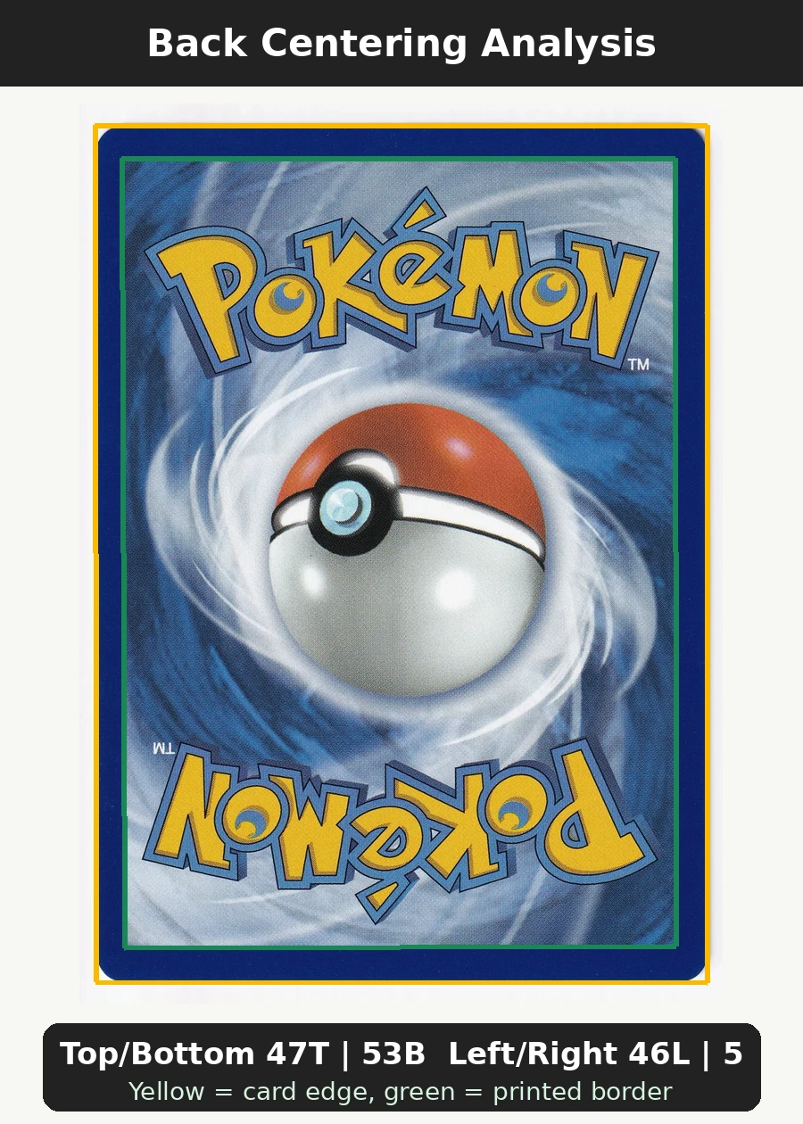 Oricorio ex 024 MEP Black Star Promos back centering analysis showing Top/Bottom 47T | 53B and Left/Right 46L | 54R.