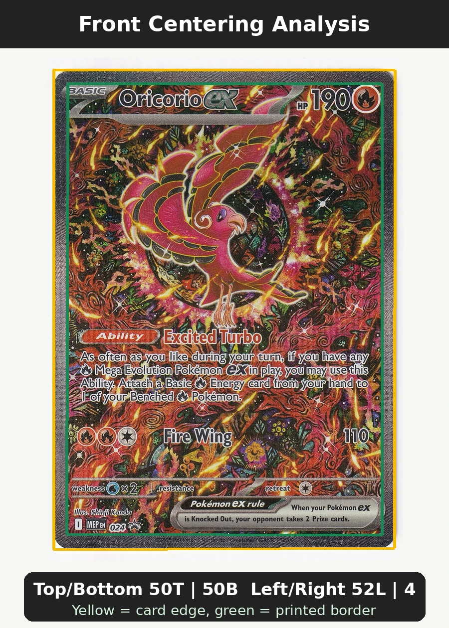 Oricorio ex 024 MEP Black Star Promos front centering analysis showing Top/Bottom 50T | 50B and Left/Right 52L | 48R.