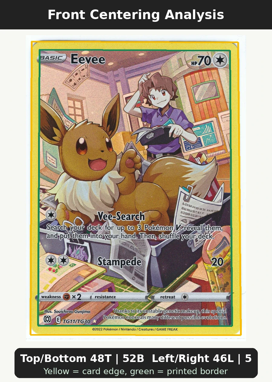 Eevee TG11/172 Brilliant Stars front centering analysis showing Top/Bottom 48T | 52B and Left/Right 46L | 54R.