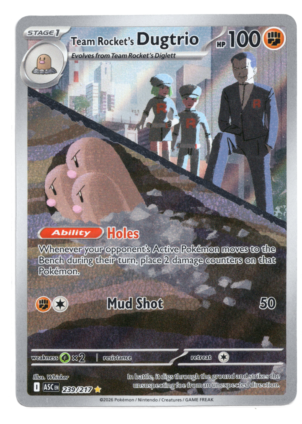 Team Rocket's Dugtrio 239/217 Ascended Heroes front card photo in PokeToGrade pregrading report