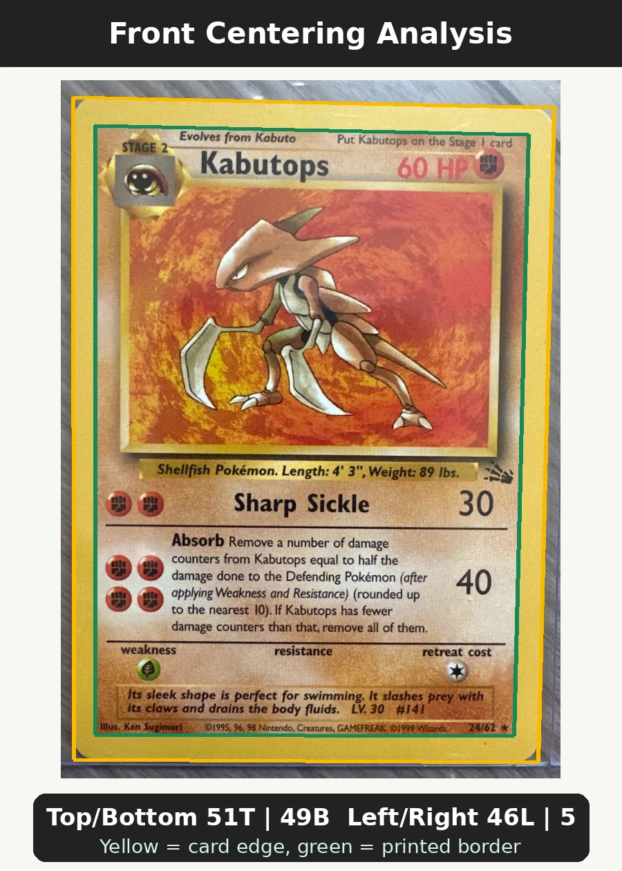 Kabutops 027/110 Legendary Collection front centering analysis showing Top/Bottom 51T | 49B and Left/Right 46L | 54R.