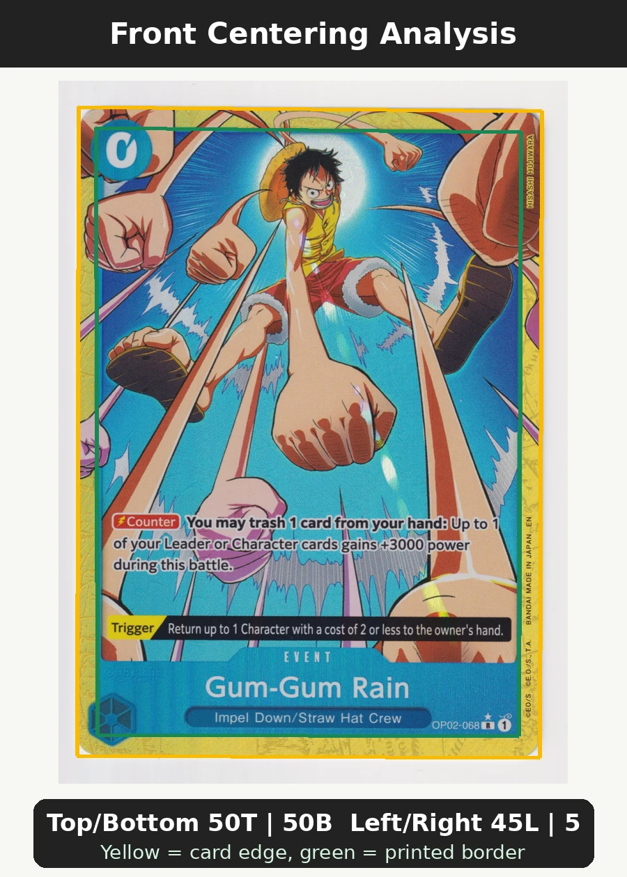 Gum-Gum Rain (OP02-068) OP02-068 Paramount War front centering analysis showing Top/Bottom 50T | 50B and Left/Right 45L | 55R.
