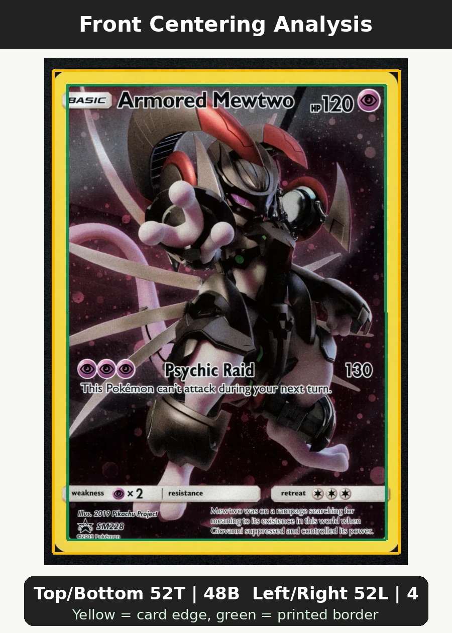 Armored Mewtwo SM228/248 SM Black Star Promos front centering analysis showing Top/Bottom 52T | 48B and Left/Right 52L | 48R.
