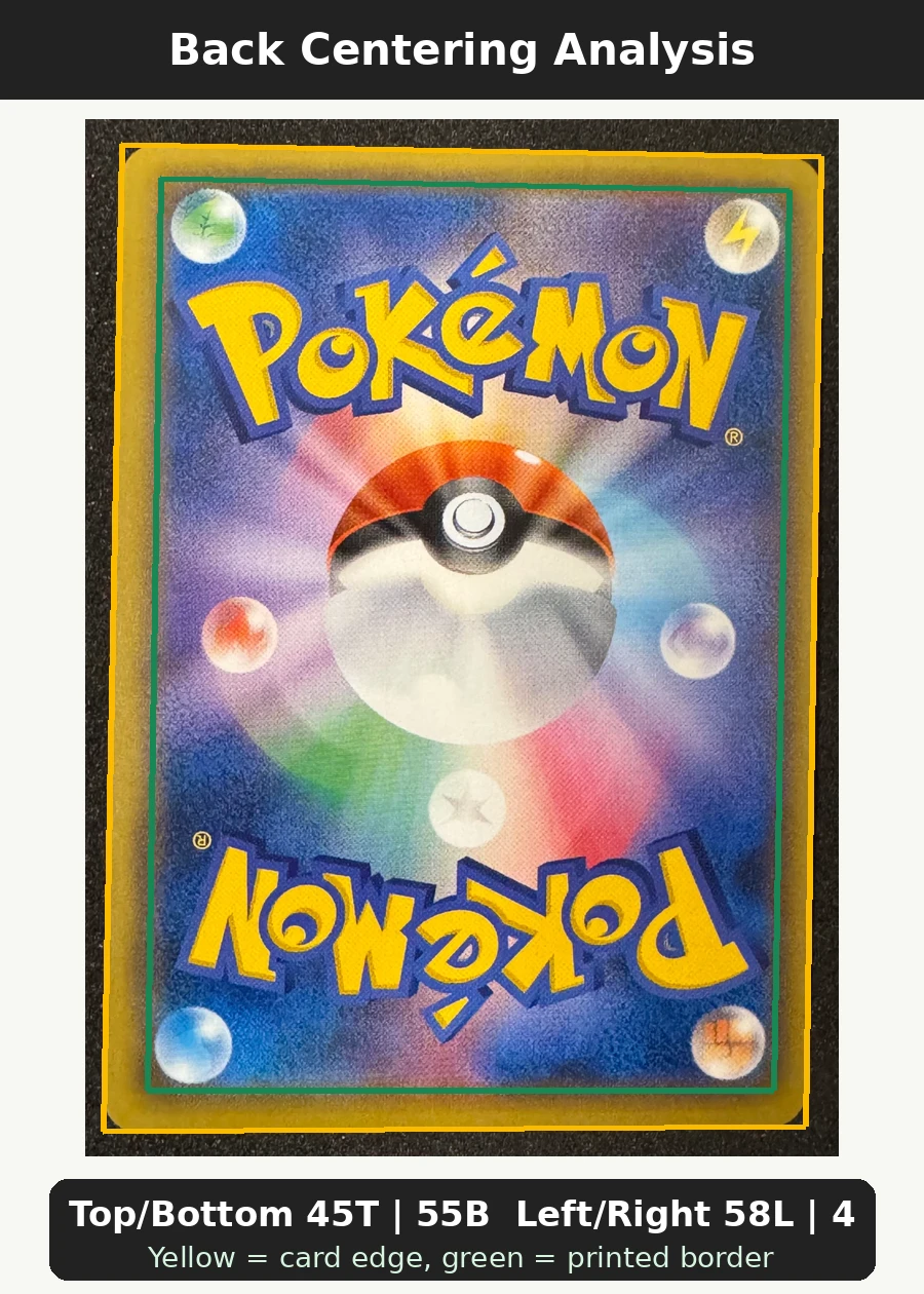 Mario Pikachu 294 XY Promos back centering analysis showing Top/Bottom 45T | 55B and Left/Right 58L | 42R.