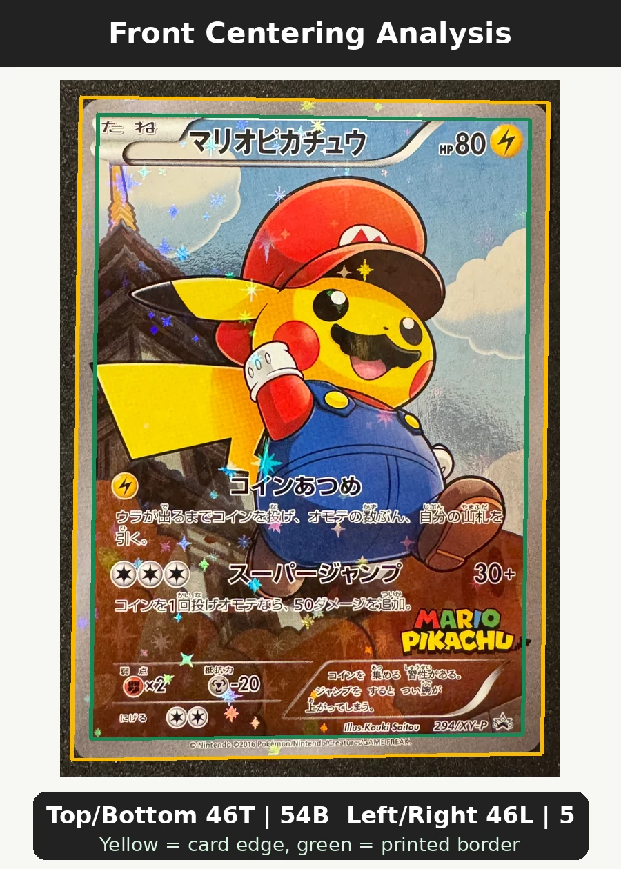 Mario Pikachu 294 XY Promos front centering analysis showing Top/Bottom 46T | 54B and Left/Right 46L | 54R.