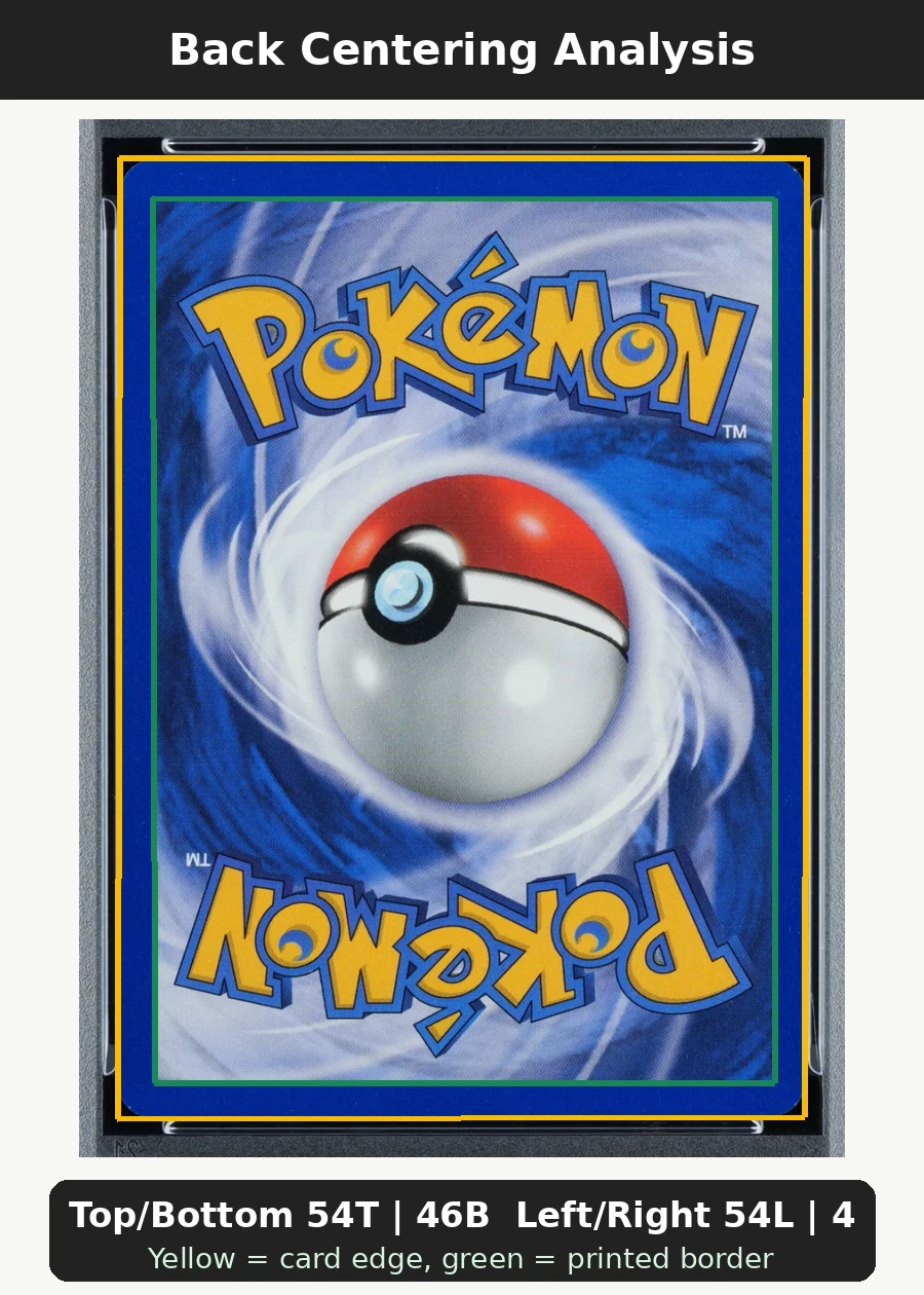 Dark Charizard 004/82 Team Rocket back centering analysis showing Top/Bottom 54T | 46B and Left/Right 54L | 46R.
