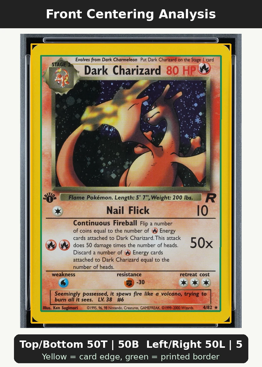 Dark Charizard 004/82 Team Rocket front centering analysis showing Top/Bottom 50T | 50B and Left/Right 50L | 50R.