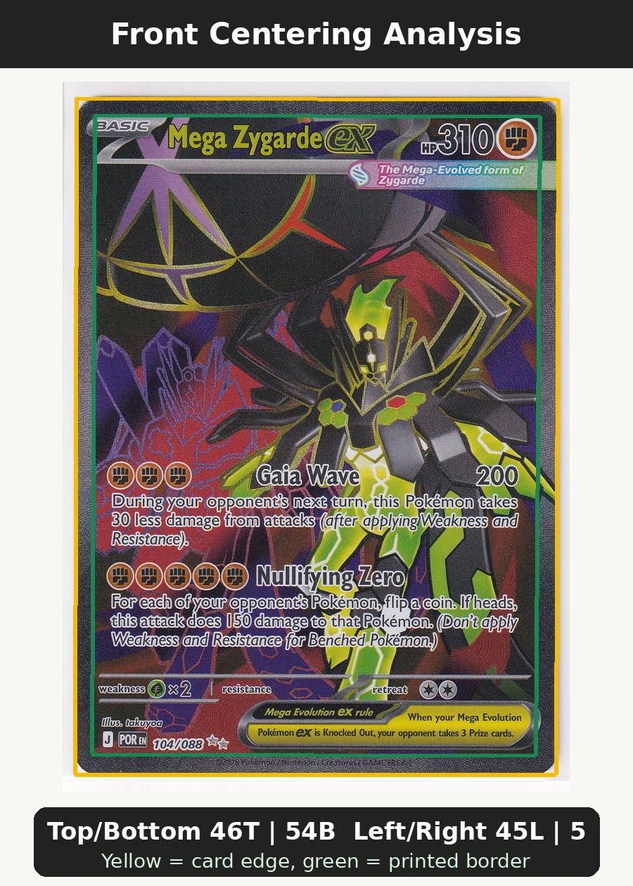 Mega Zygarde ex 104/88 Perfect Order front centering analysis showing Top/Bottom 46T | 54B and Left/Right 45L | 55R.