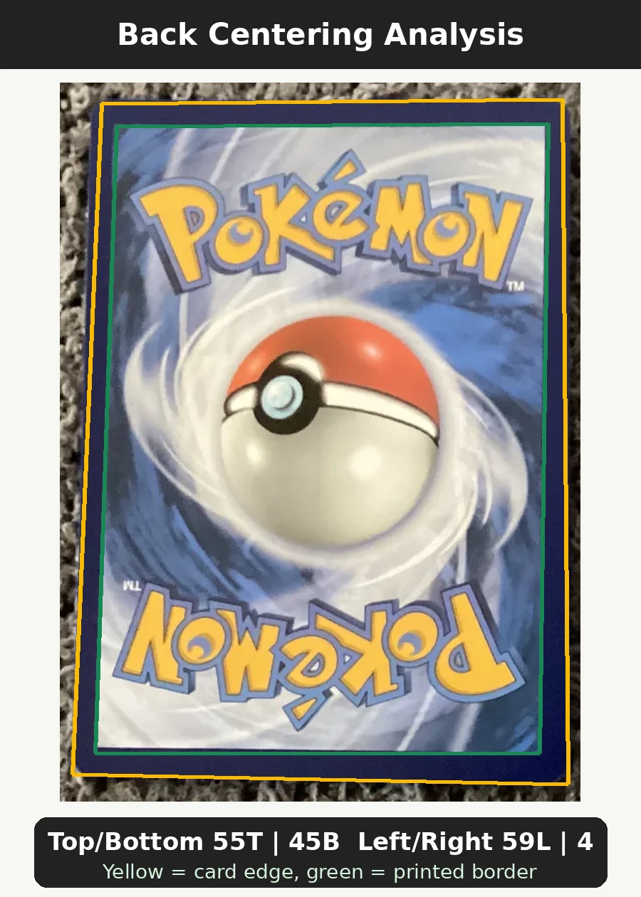 Charizard TG03/196 Lost Origin back centering analysis showing Top/Bottom 55T | 45B and Left/Right 59L | 41R.