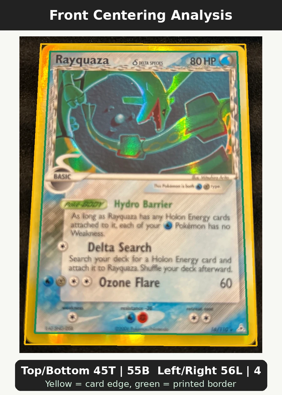 Rayquaza δ 016/110 Holon Phantoms front centering analysis showing Top/Bottom 45T | 55B and Left/Right 56L | 44R.