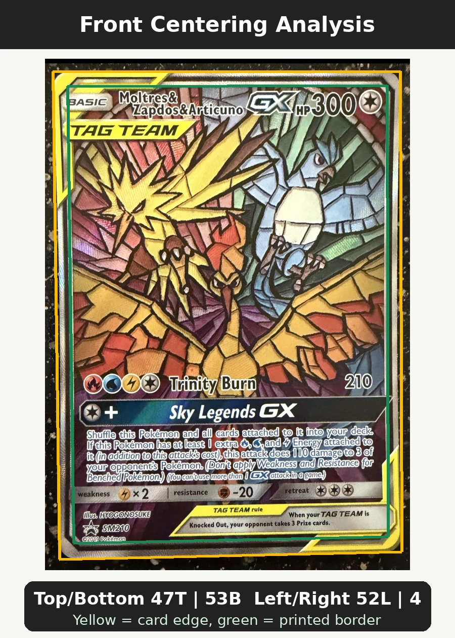 Moltres & Zapdos & Articuno GX SM210/248 SM Black Star Promos front centering analysis showing Top/Bottom 47T | 53B and Left/Right 52L | 48R.