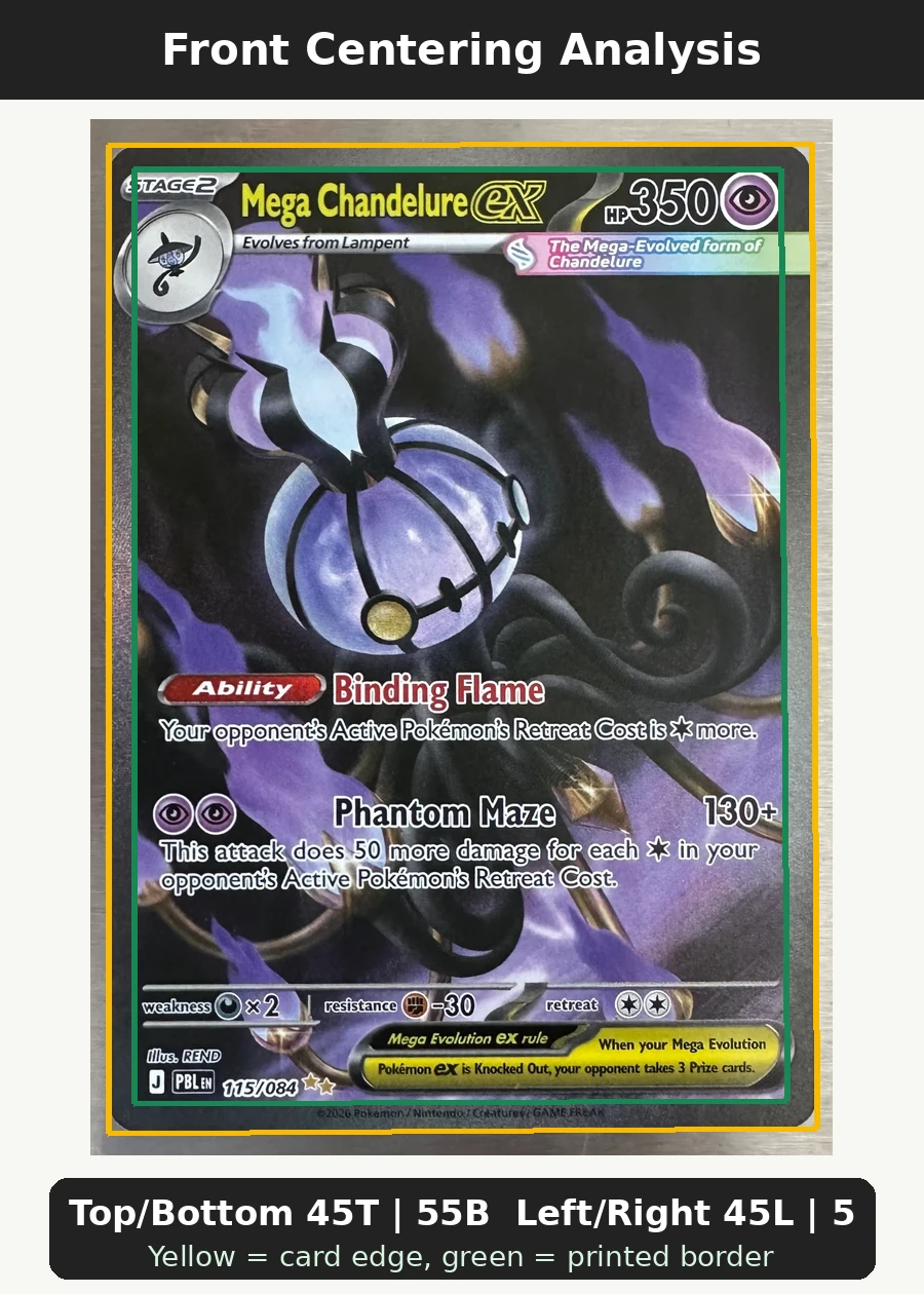 Mega Chandelure ex 115/84 Pitch Black front centering analysis showing Top/Bottom 45T | 55B and Left/Right 45L | 55R.