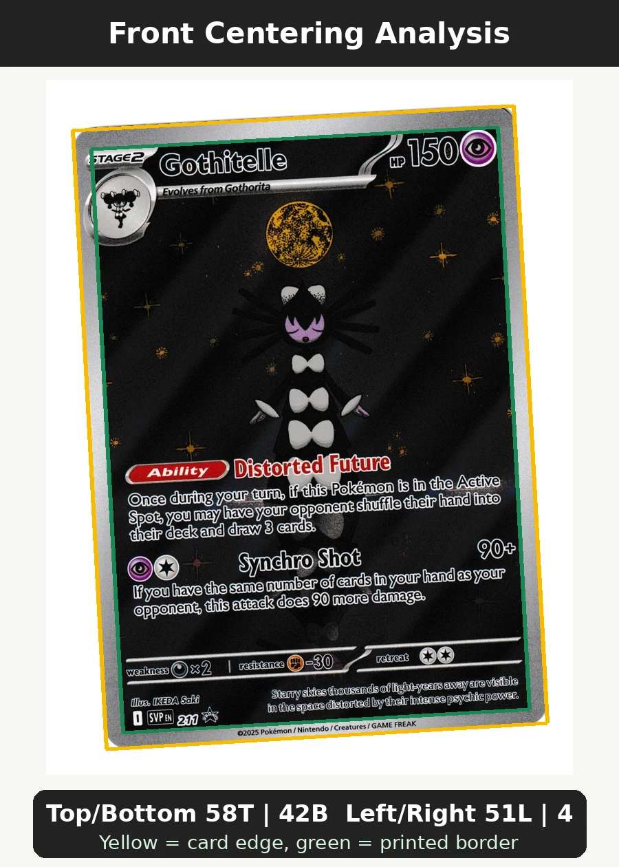 Gothitelle 211/225 SVP Black Star Promos front centering analysis showing Top/Bottom 58T | 42B and Left/Right 51L | 49R.