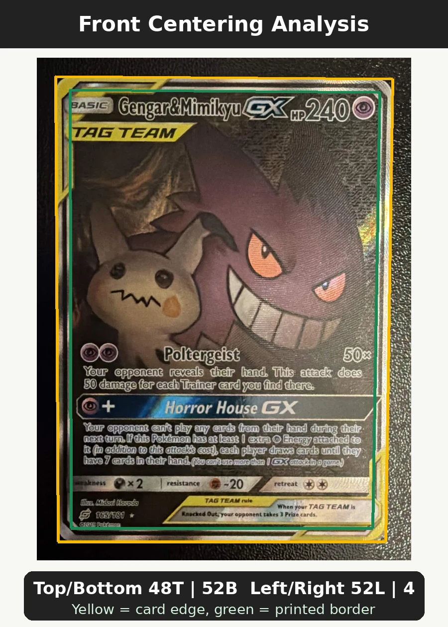 Gengar & Mimikyu GX 165/181 Team Up front centering analysis showing Top/Bottom 48T | 52B and Left/Right 52L | 48R.