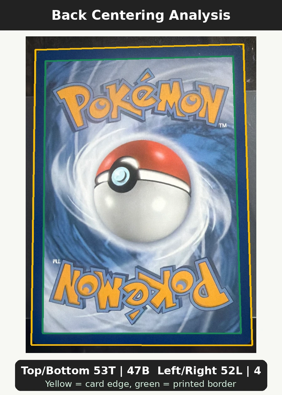 Charizard V SWSH260/307 SWSH Black Star Promos back centering analysis showing Top/Bottom 53T | 47B and Left/Right 52L | 48R.