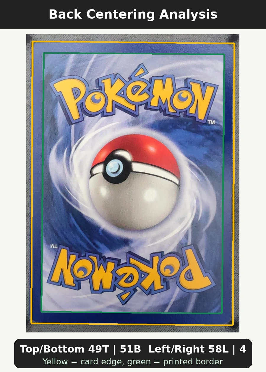 Moltres 012/62 (First Edition Stamp) Fossil back centering analysis showing Top/Bottom 49T | 51B and Left/Right 58L | 42R.