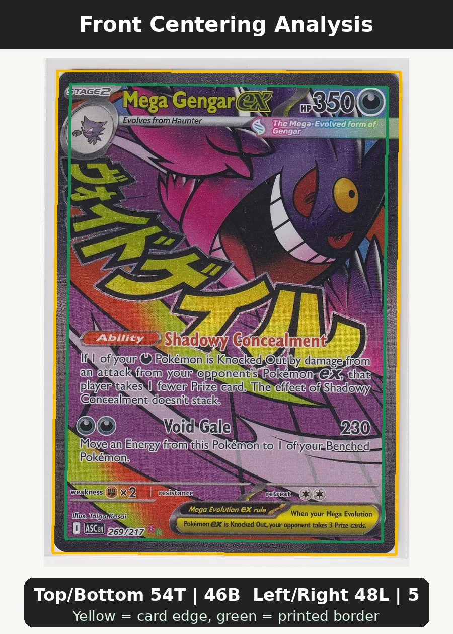 Mega Gengar ex 269/217 Ascended Heroes front centering analysis showing Top/Bottom 54T | 46B and Left/Right 48L | 52R.
