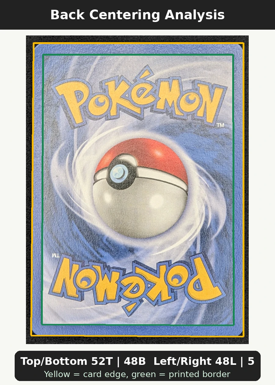Dark Charizard 021/82 · First Edition Stamp Team Rocket back centering analysis showing Top/Bottom 52T | 48B and Left/Right 48L | 52R.