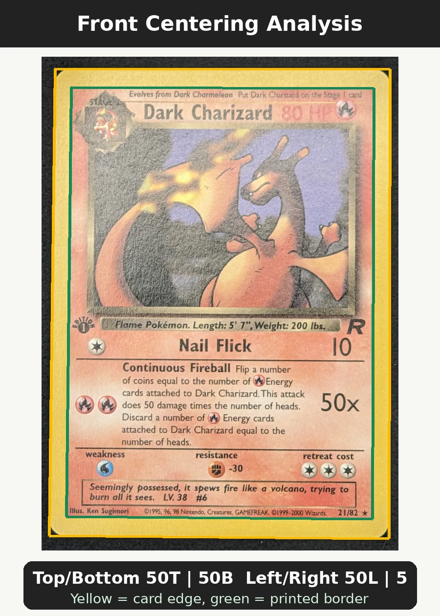 Dark Charizard 021/82 · First Edition Stamp Team Rocket front centering analysis showing Top/Bottom 50T | 50B and Left/Right 50L | 50R.