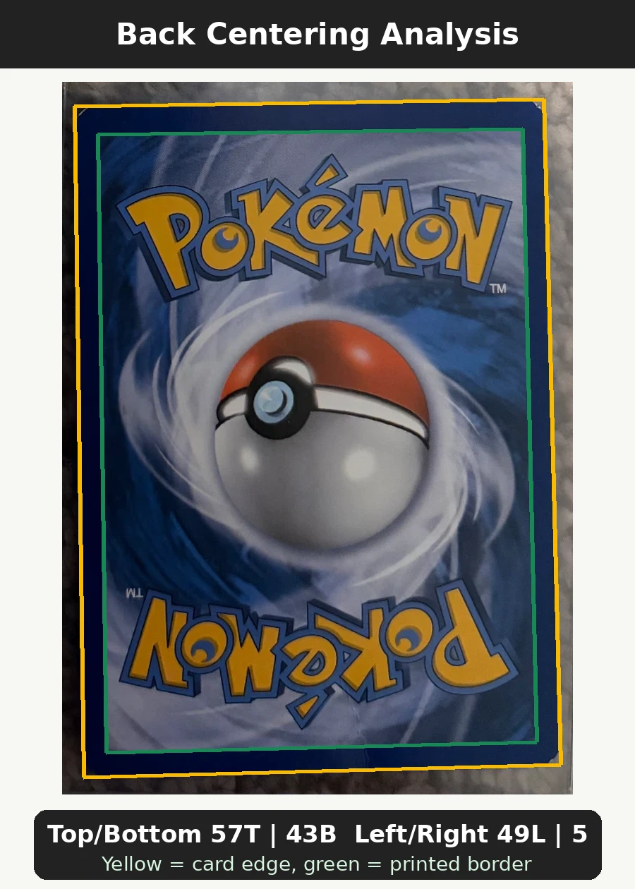 Pikachu XY89/211 XY Black Star Promos back centering analysis showing Top/Bottom 57T | 43B and Left/Right 49L | 51R.