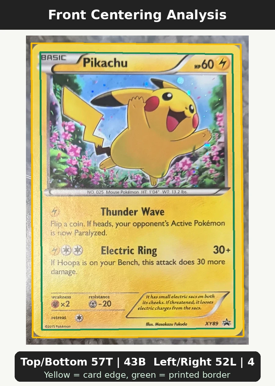 Pikachu XY89/211 XY Black Star Promos front centering analysis showing Top/Bottom 57T | 43B and Left/Right 52L | 48R.