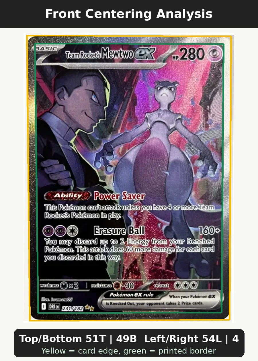 Team Rocket's Mewtwo ex 231/182 Destined Rivals front centering analysis showing Top/Bottom 51T | 49B and Left/Right 54L | 46R.