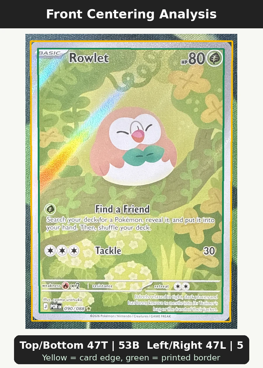 Rowlet 090/88 Perfect Order front centering analysis showing Top/Bottom 47T | 53B and Left/Right 47L | 53R.