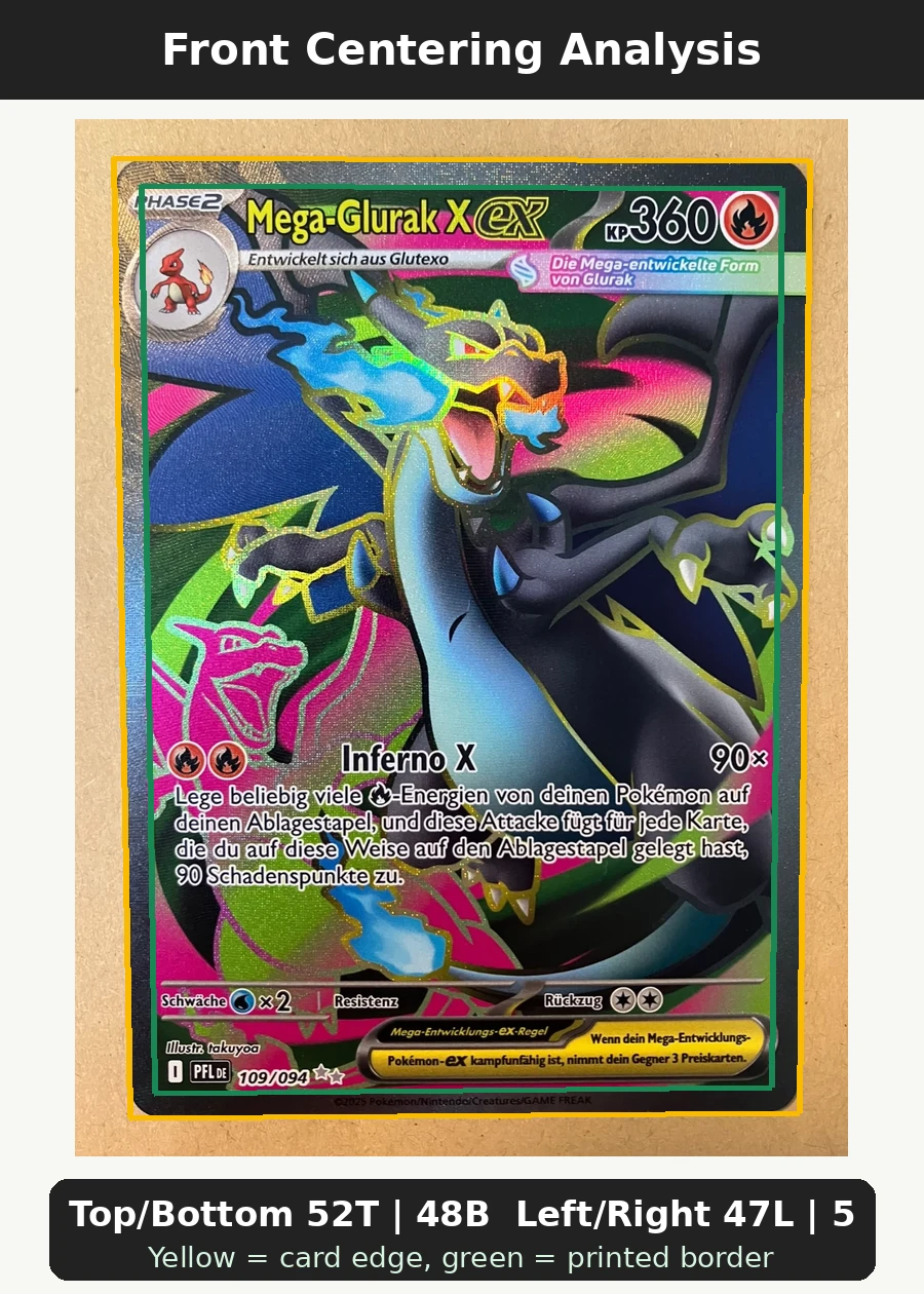 Mega Charizard X ex 109/94 Phantasmal Flames front centering analysis showing Top/Bottom 52T | 48B and Left/Right 47L | 53R.