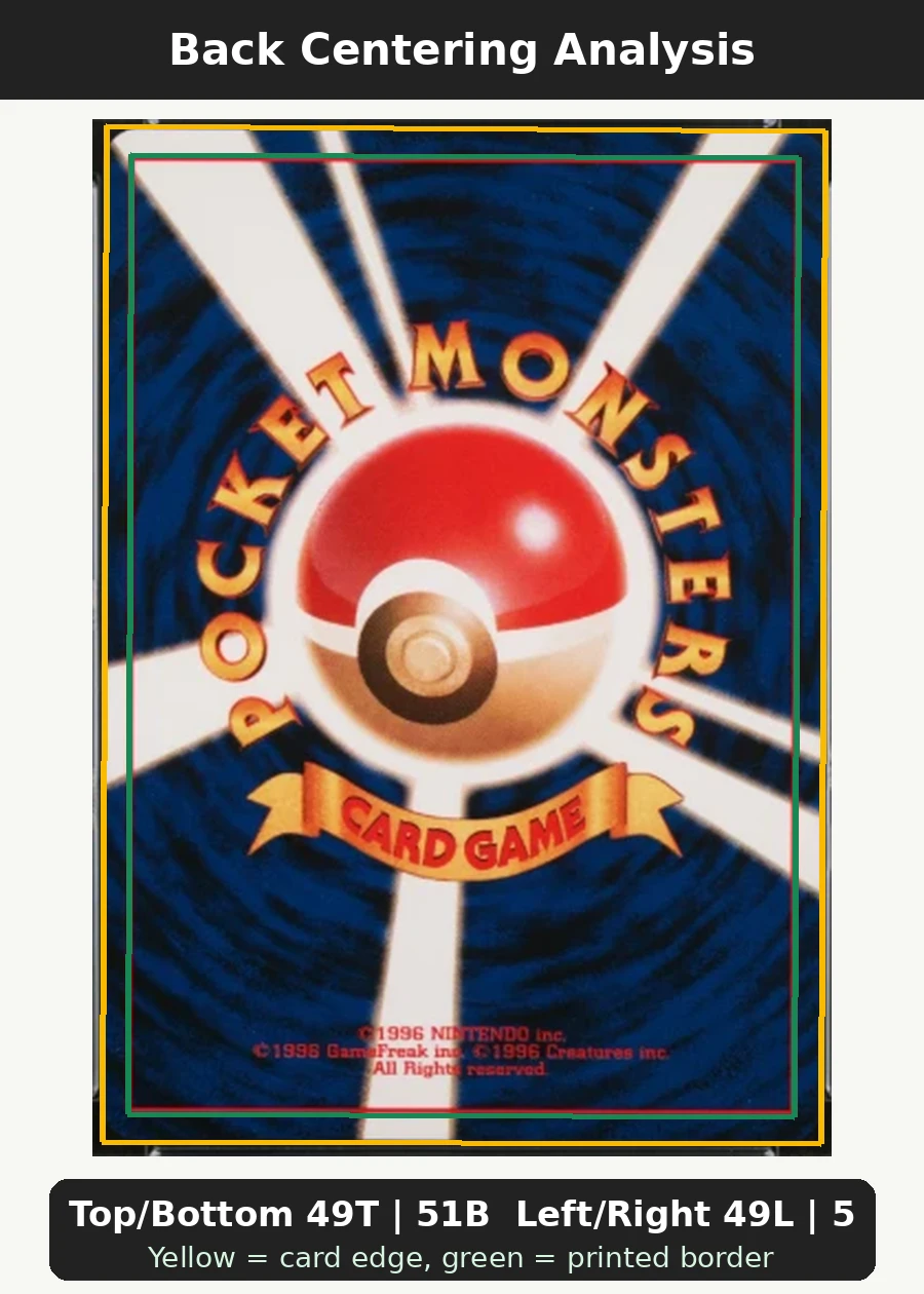 Ivysaur 001/48 Pokémon Card Web back centering analysis showing Top/Bottom 49T | 51B and Left/Right 49L | 51R.