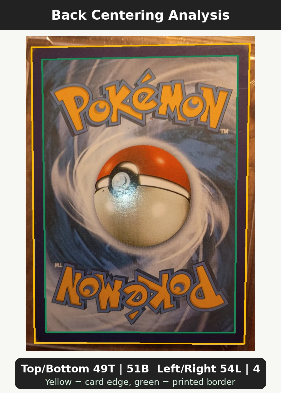 Blaine's Charizard 002/132 Gym Challenge back centering analysis showing Top/Bottom 49T | 51B and Left/Right 54L | 46R.