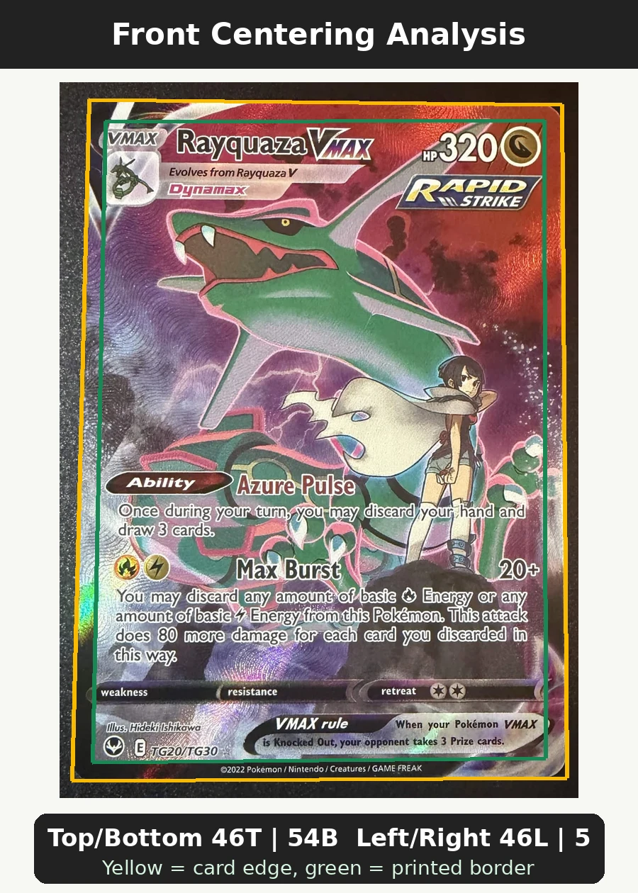 Rayquaza VMAX TG20/195 Silver Tempest front centering analysis showing Top/Bottom 46T | 54B and Left/Right 46L | 54R.