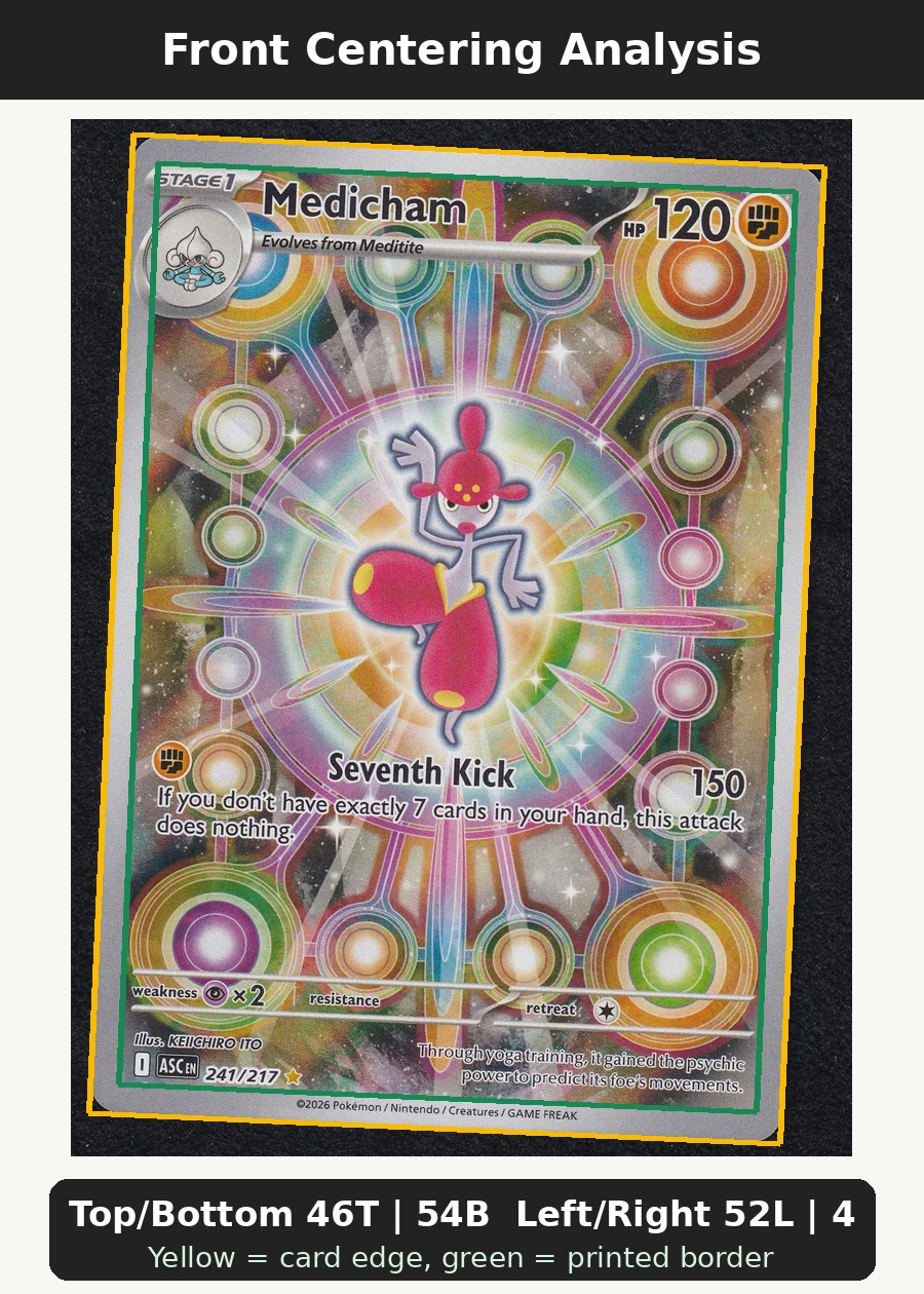 Medicham 241/217 Ascended Heroes front centering analysis showing Top/Bottom 46T | 54B and Left/Right 52L | 48R.