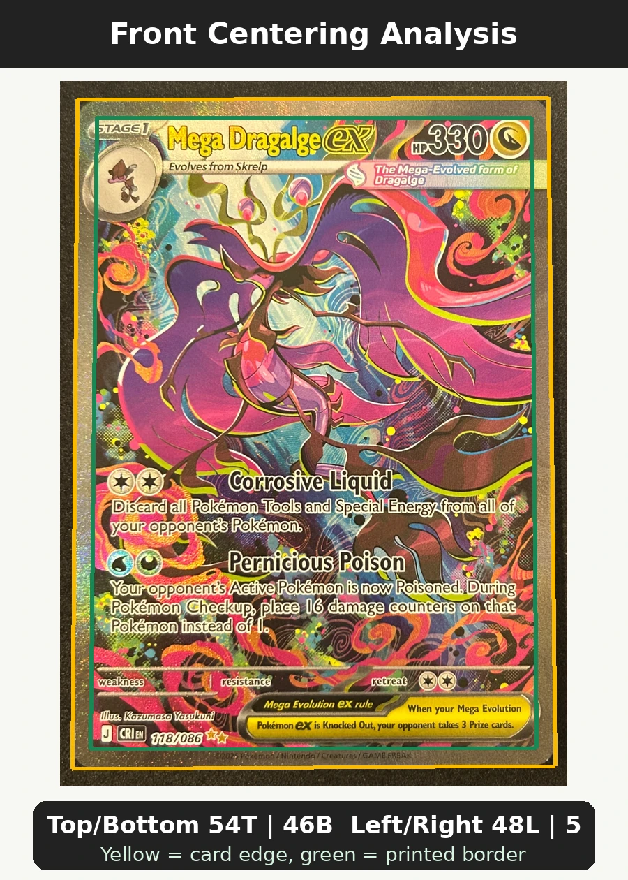 Mega Dragalge ex 118/86 Chaos Rising front centering analysis showing Top/Bottom 54T | 46B and Left/Right 48L | 52R.