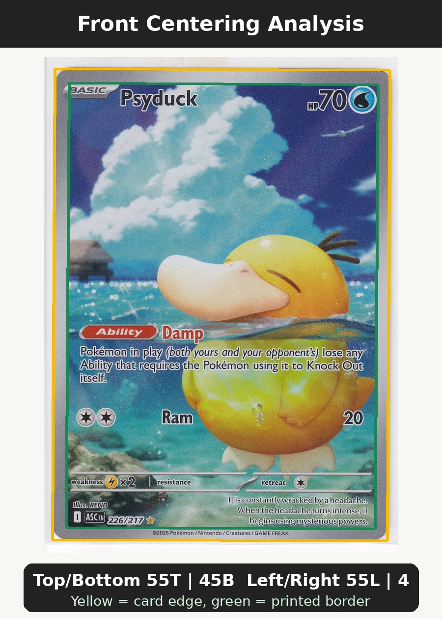 Psyduck 226/217 Ascended Heroes front centering analysis showing Top/Bottom 55T | 45B and Left/Right 55L | 45R.