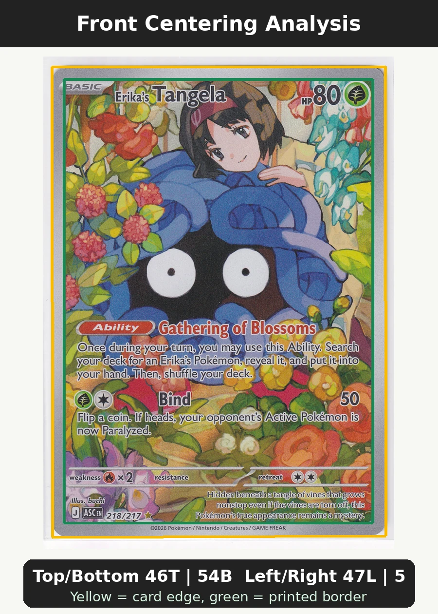 Erika's Tangela 218/217 Ascended Heroes front centering analysis showing Top/Bottom 46T | 54B and Left/Right 47L | 53R.