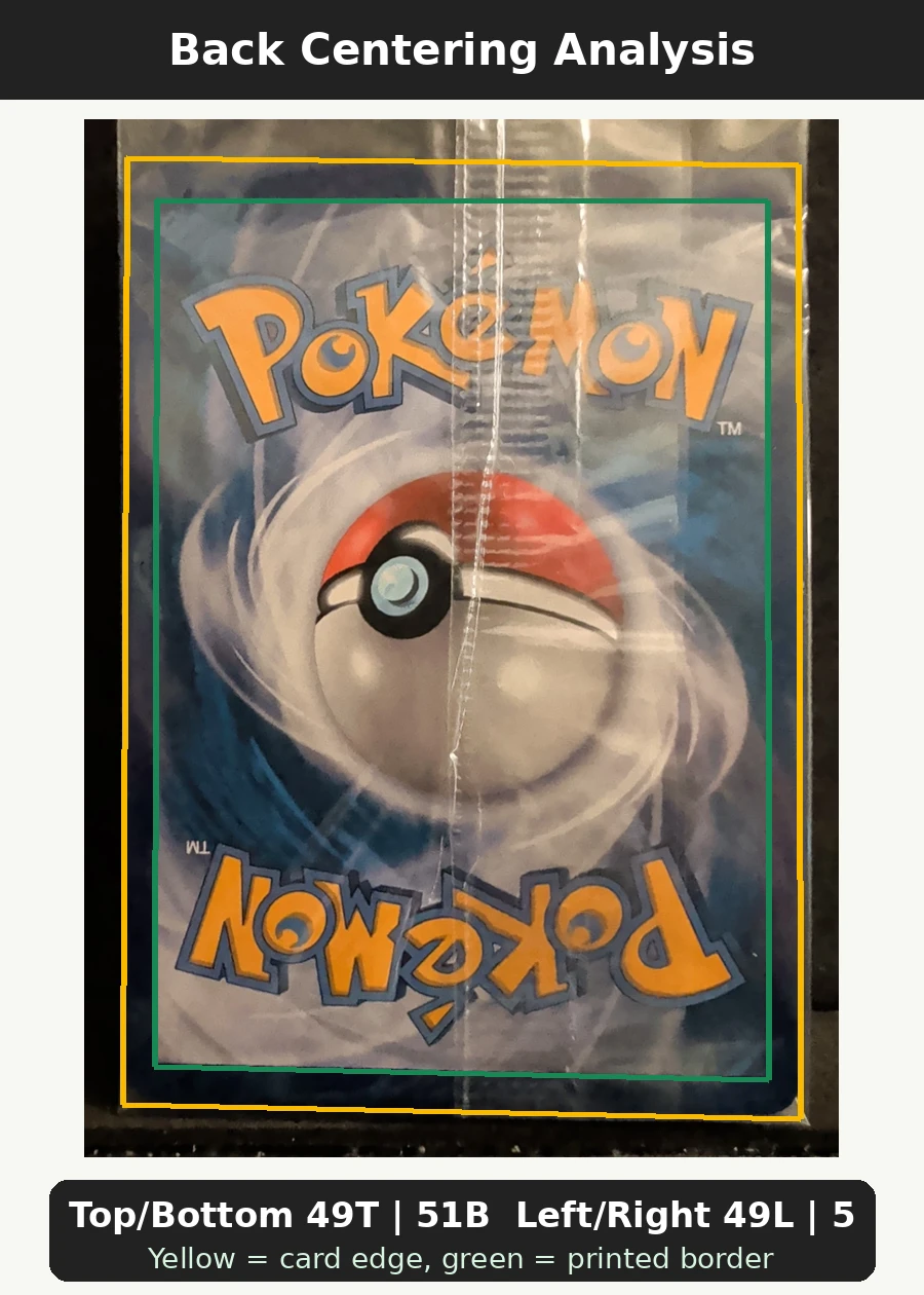 Magikarp XY143/211 XY Black Star Promos back centering analysis showing Top/Bottom 49T | 51B and Left/Right 49L | 51R.