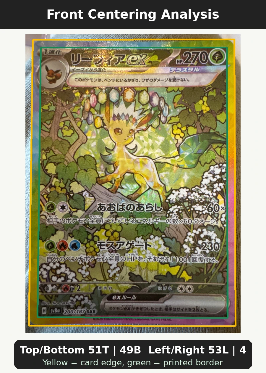 Leafeon ex 144/131 Prismatic Evolutions front centering analysis showing Top/Bottom 51T | 49B and Left/Right 53L | 47R.